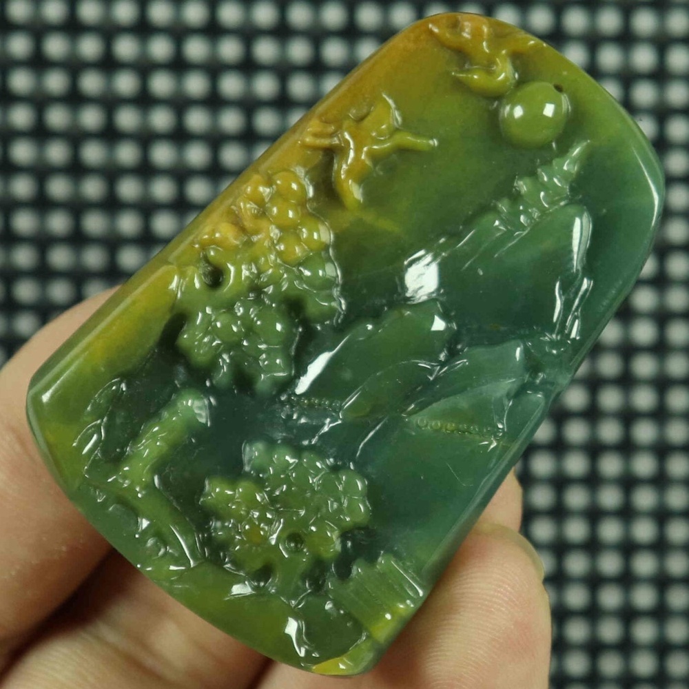 Cert'd Yellow 100% Natural A Jade jadeite Pendant Carved Landscape